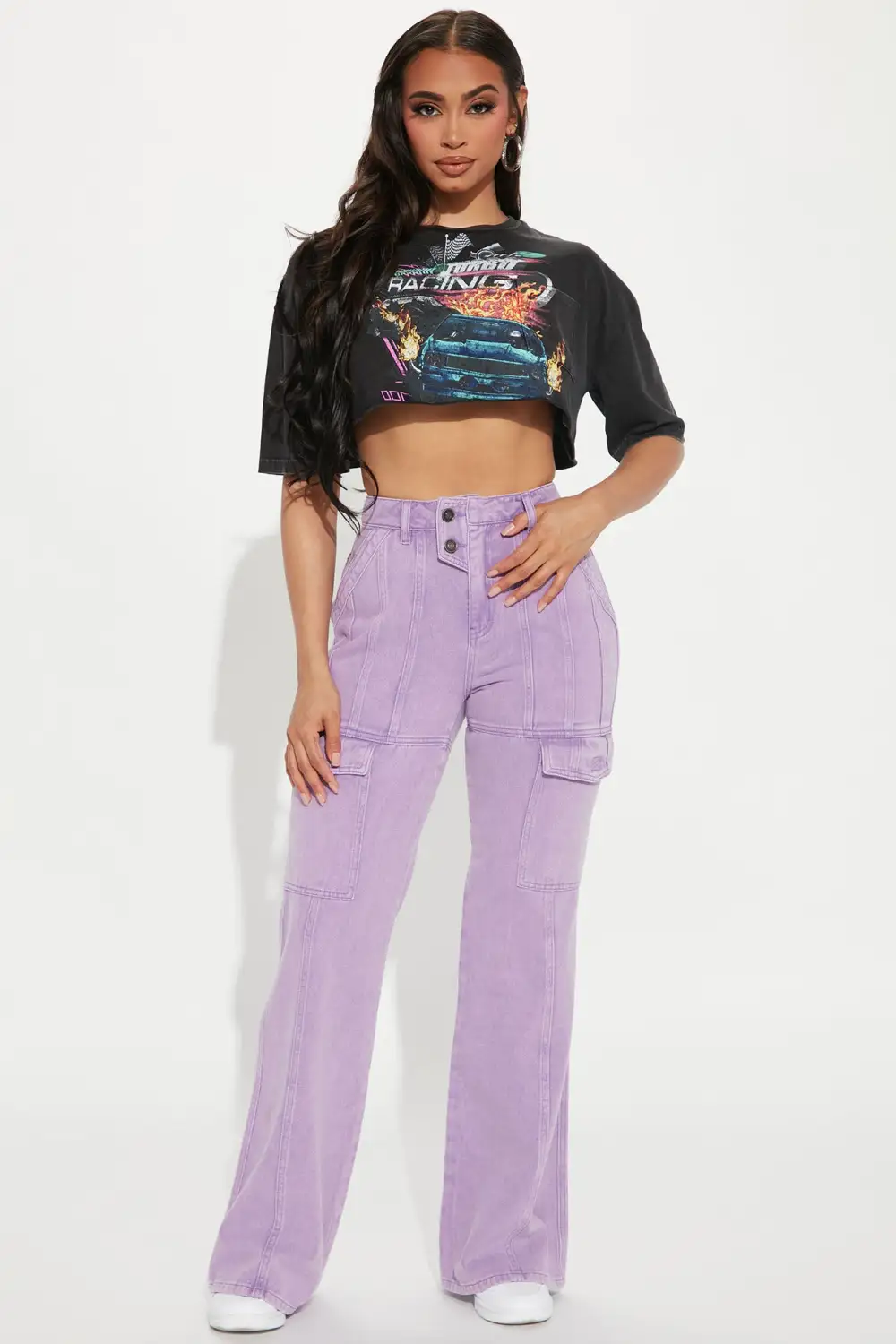 Feel The Pressure Non Stretch Cargo Flare Jean - Purple