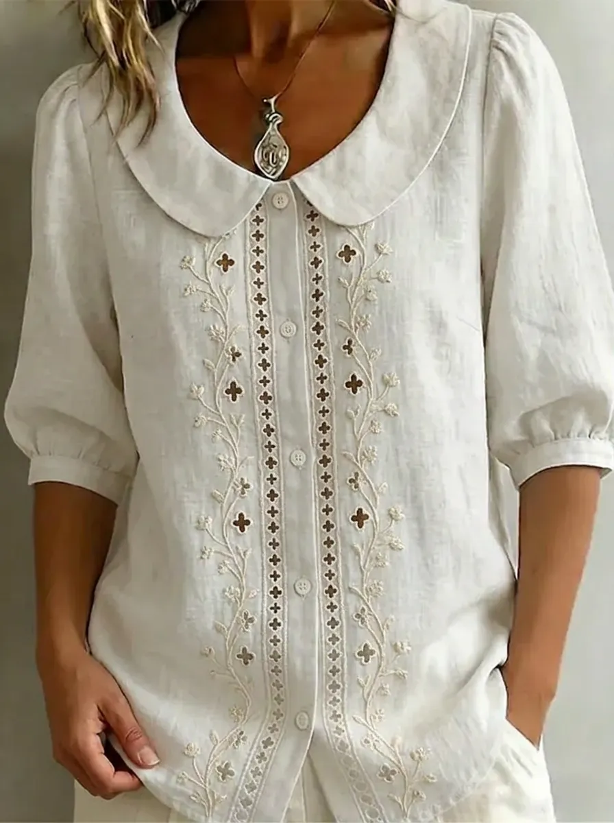 Women's Nashville Floral Embroidery Peter Pan Collar Printed Top