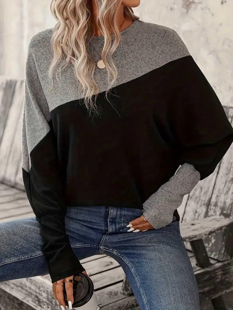 Color-Blocked Long-Sleeve Crew Neck Top