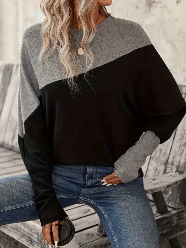Color-Blocked Long-Sleeve Crew Neck Top