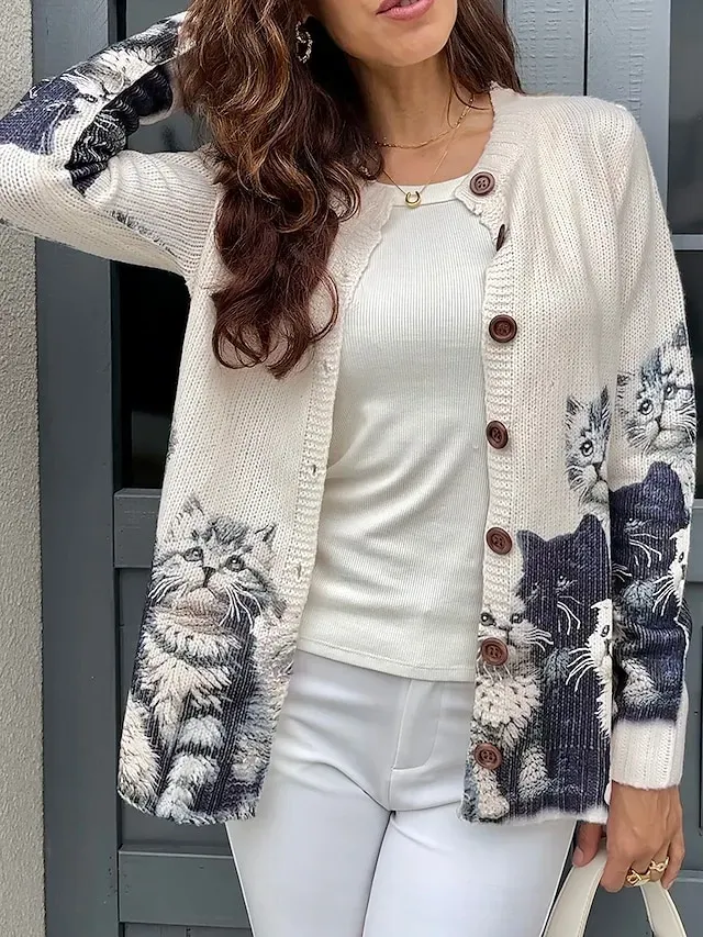 Women's Sweater Daily Graphic Crew Neck Print Long Sleeve Regular Tops Knit Weekend Pink Khaki Fall Winter