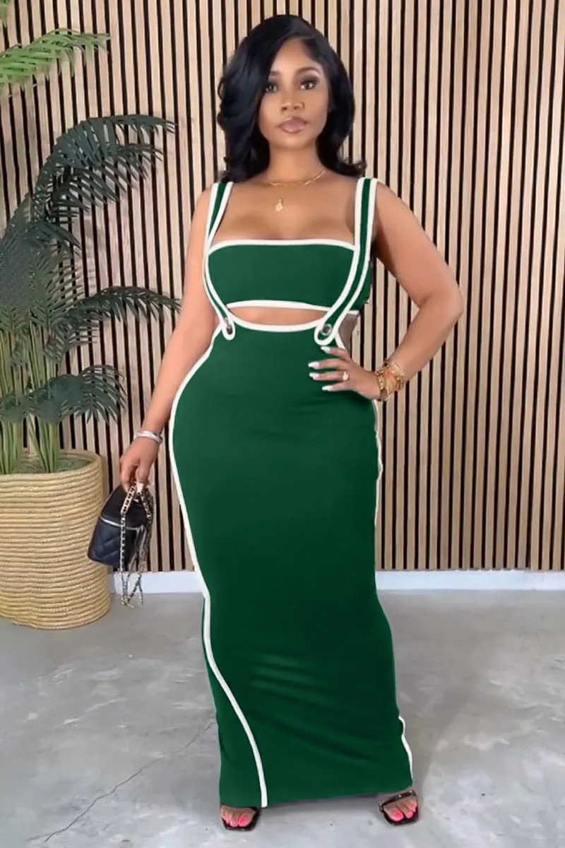 Colorblock Trim Crop Tube Top Bodycon Overall Maxi Dresses Matching Set-Black
