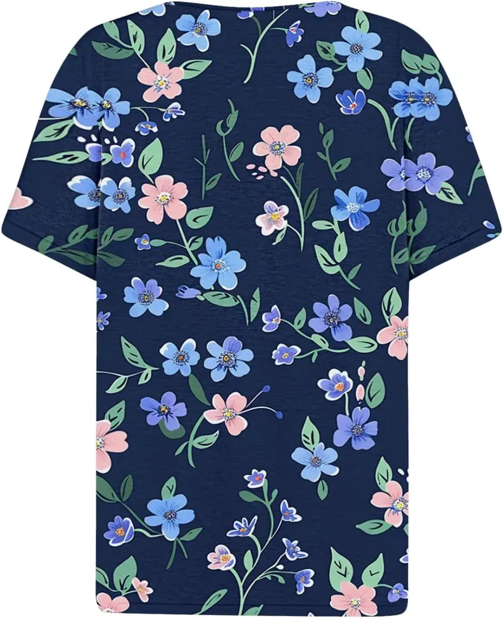 Shirts for Women Casual Printed Summer Tops Short-Sleeved Button V-Neck Tops Blouse Fashion Boho T-Shirts