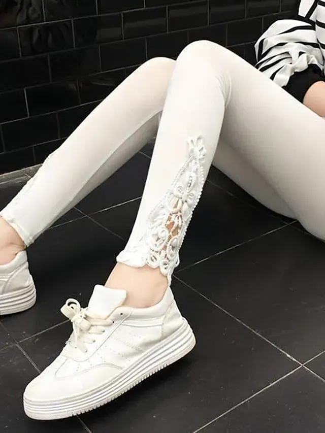 Women's Leggings Black White Grey Fashion Casual Daily Lace Ankle-Length Tummy Control Solid Colored L XL 2XL 3XL 4XL