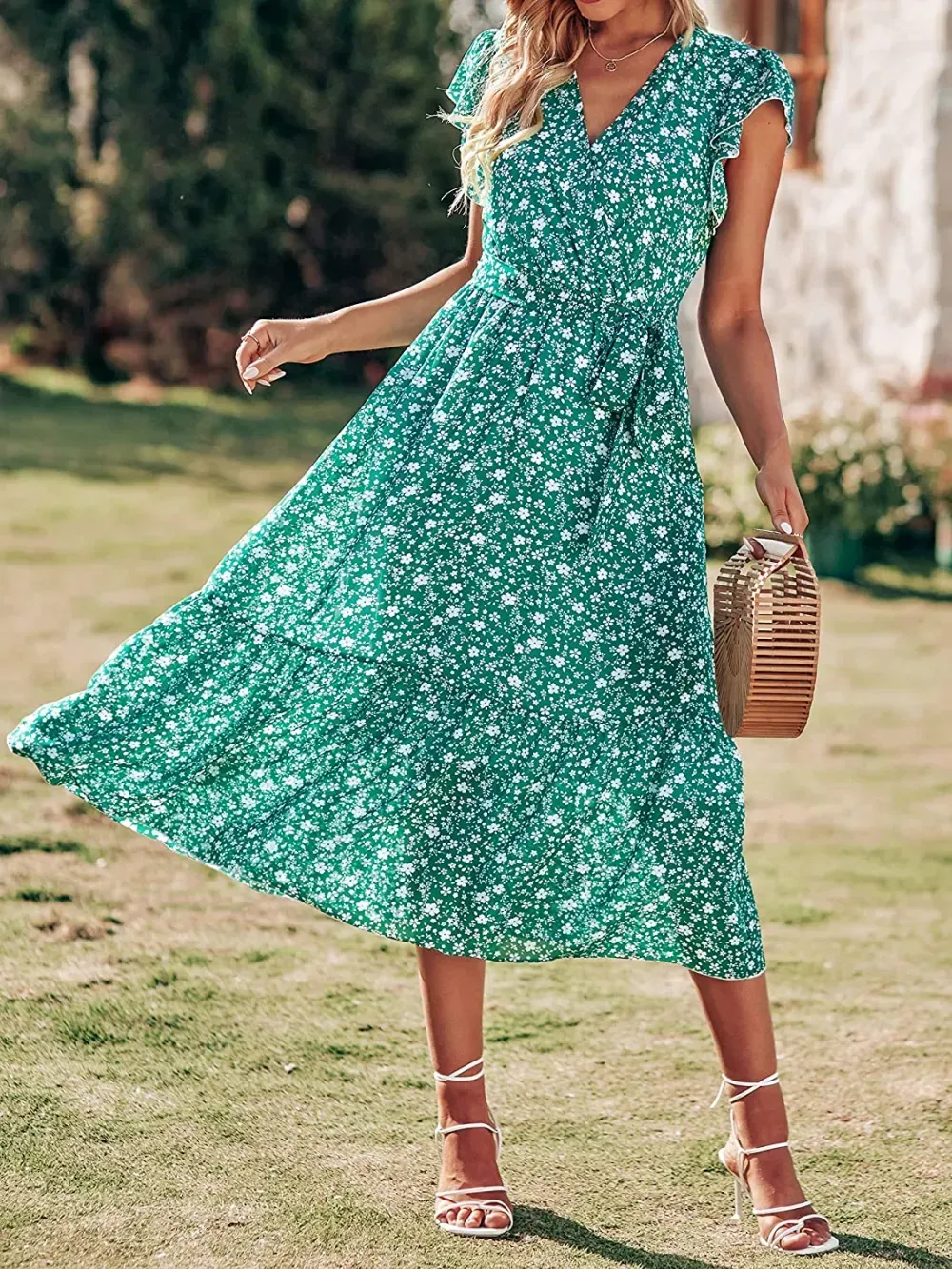 Women Summer Bohemian Floral Casual Wrap V Neck Ruffle Cap Sleeveless Belt A-Line Pleated Hem Swing Midi Sun Dress