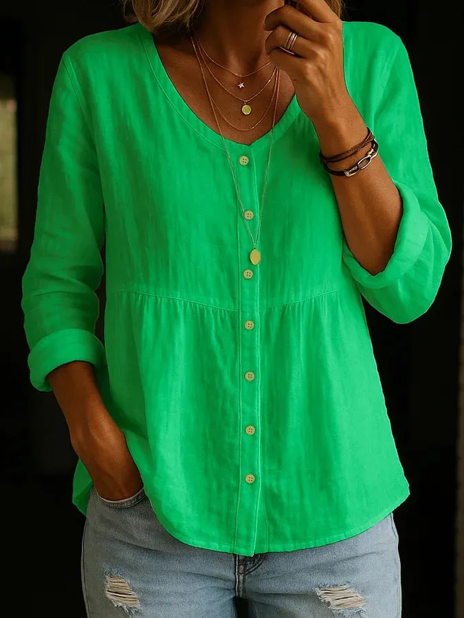 Women'S Solid Color Multi-Color Cotton Linen Button Round Neck Shirt