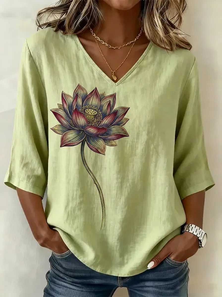 Women's Nashville Lotus Flower Graphic Printed V-Neck Top