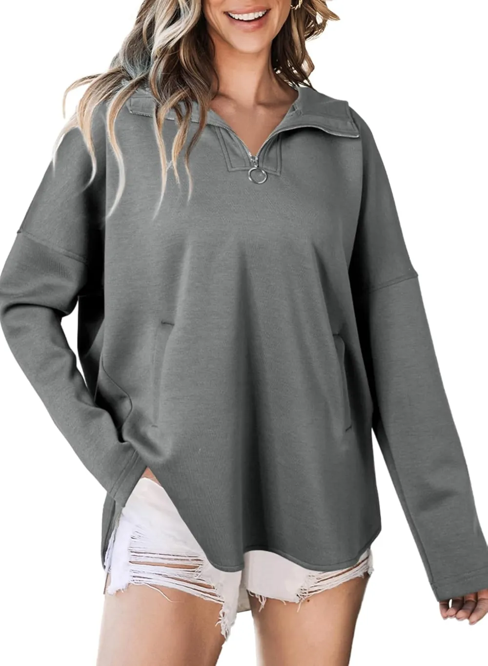 Women's Oversized Hoodies Casual Long Sleeve Half Zipper Pocket Sweatshirt Pullover Tops