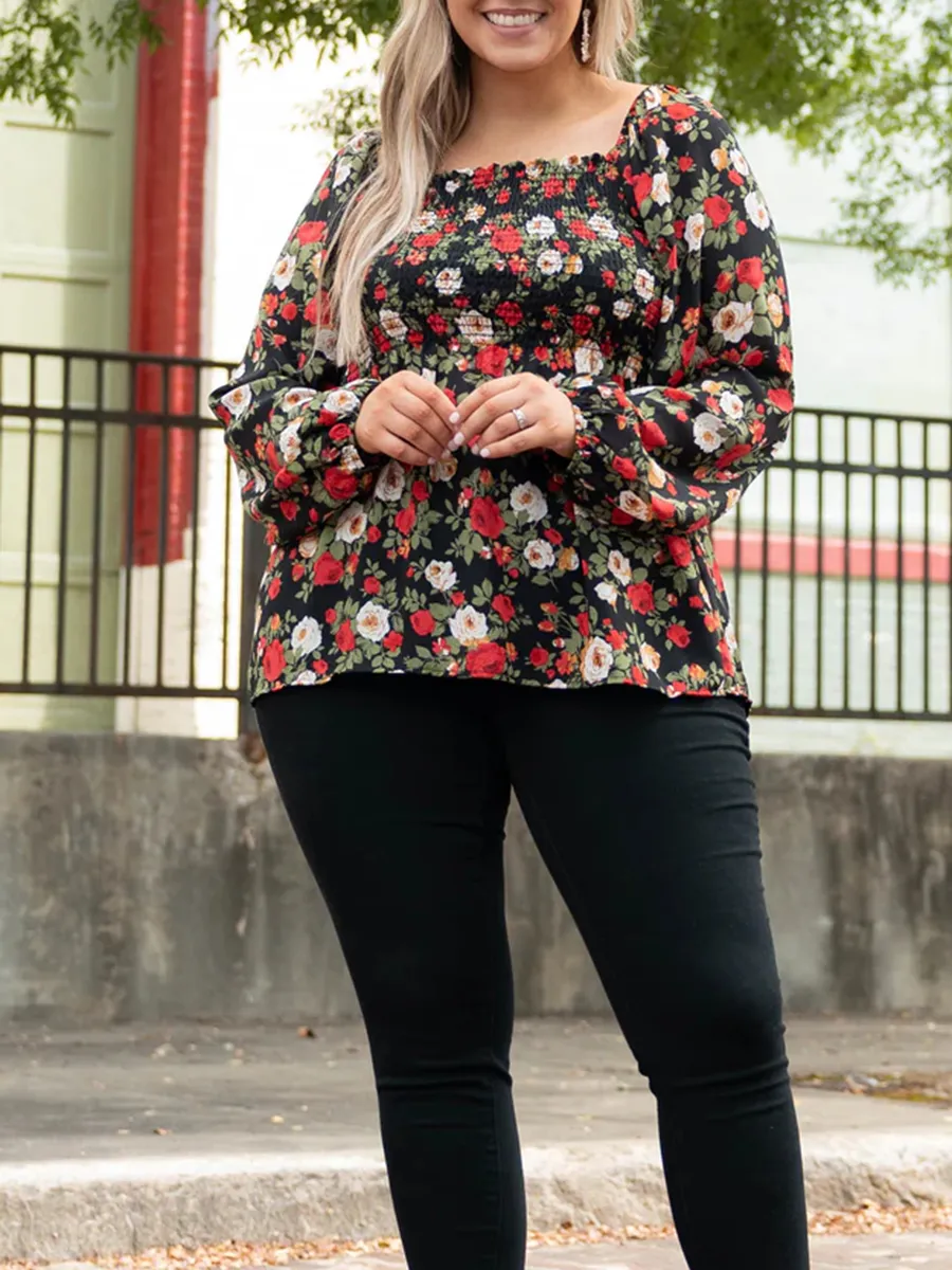 三个分类-Flower pattern pleated square neck lantern sleeve shirt