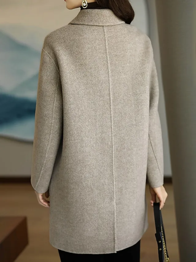 Women's Coat Fall Winter Long Pea Coat Windproof Wool Blend Coat with Pockets Maillard Warm Modern Style Casual Trendy Jacket Long Sleeve Plain Black Red Camel