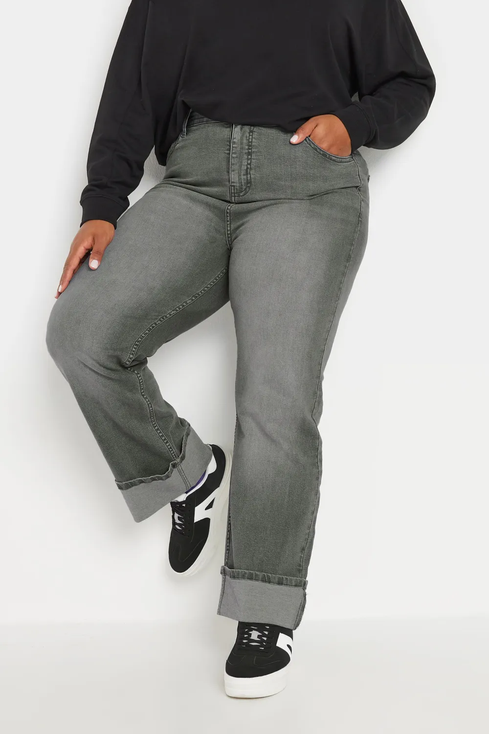 YOURS Curve Grey Wide Leg Turn Up Jeans
