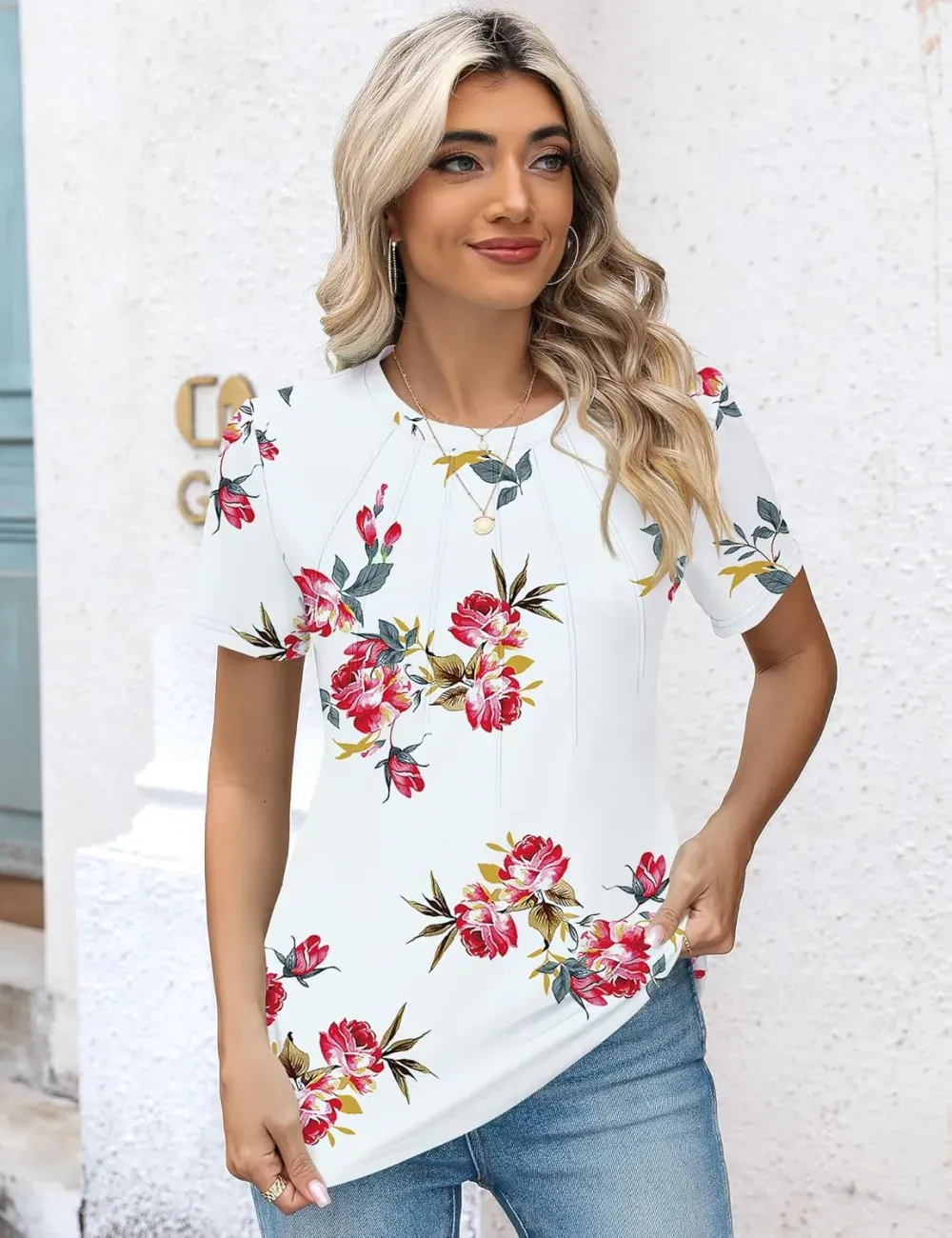 Kistore Womens Casual Crew Neck Short Sleeve Pleated Tops Blouses Fashion Clothes 2024