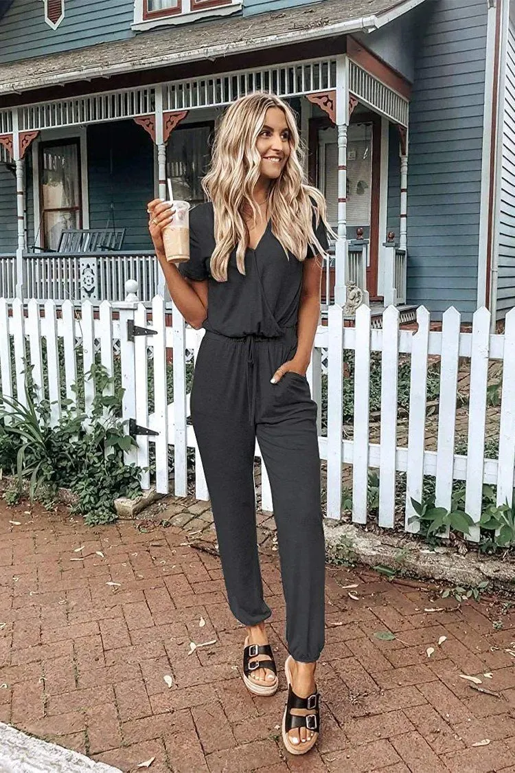 Deep V Neck Wrap Drawstring Waist Jumpsuit