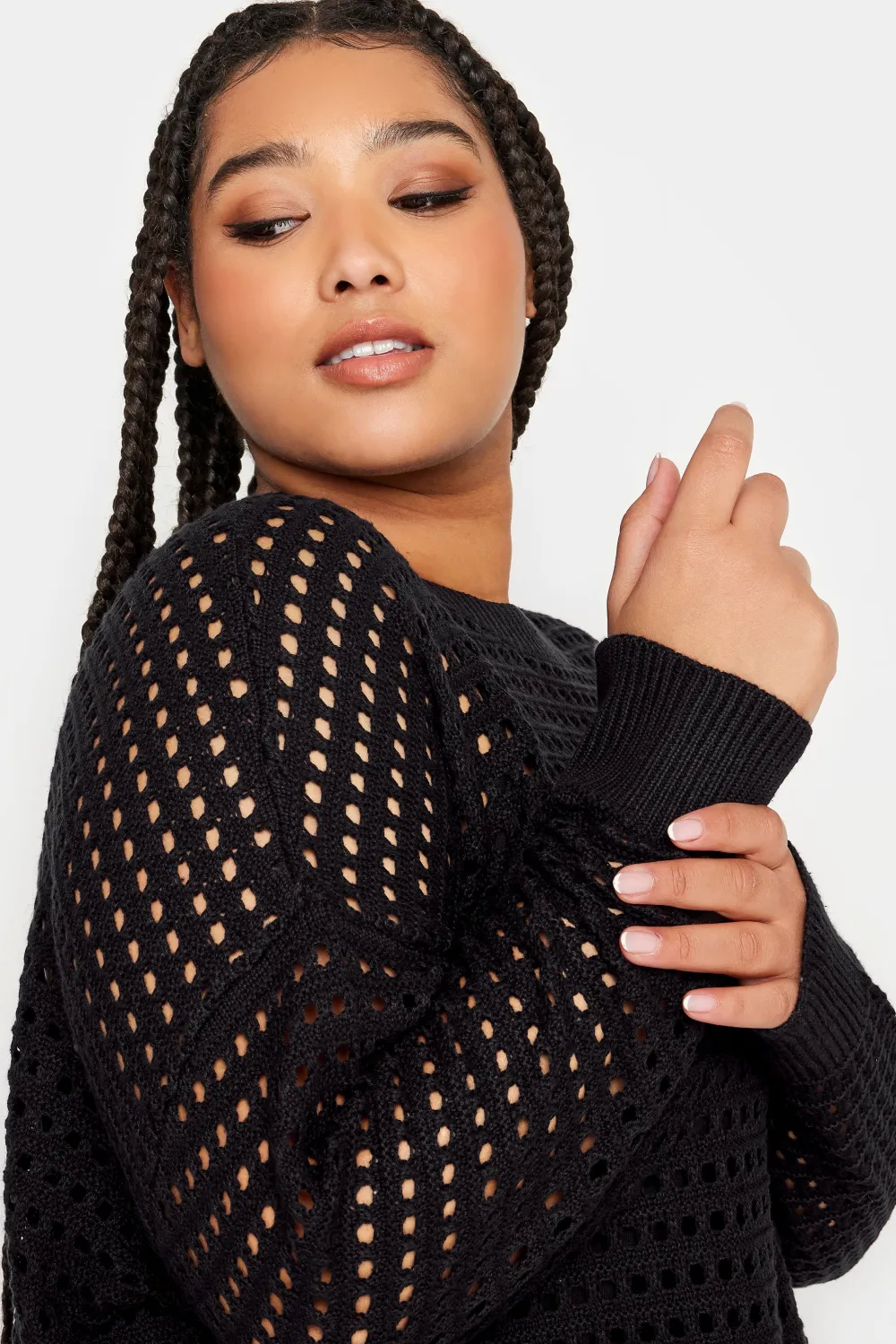 YOURS Curve Black & Silver Side Split Crochet Jumper