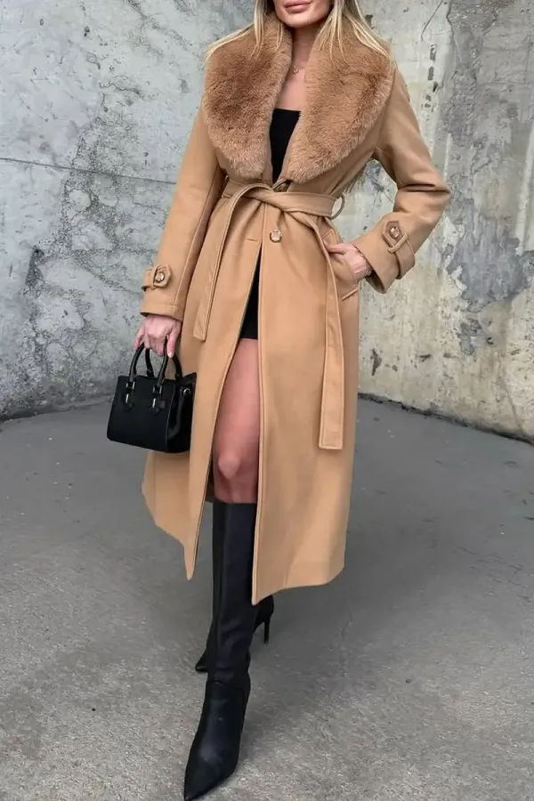 Women's Fashion Warm Fur Lapel Long Woolen Coat