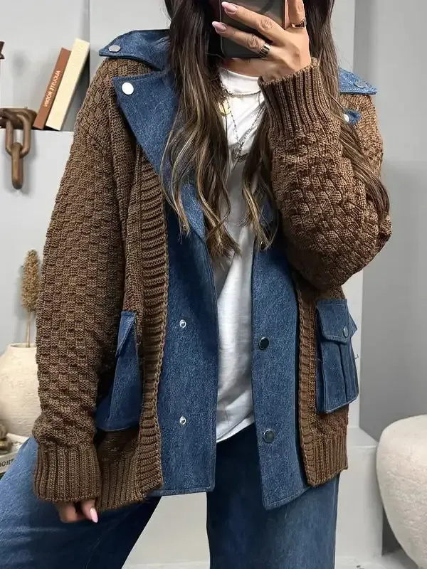 Women's Lapel Stitching Sweater Casual Top