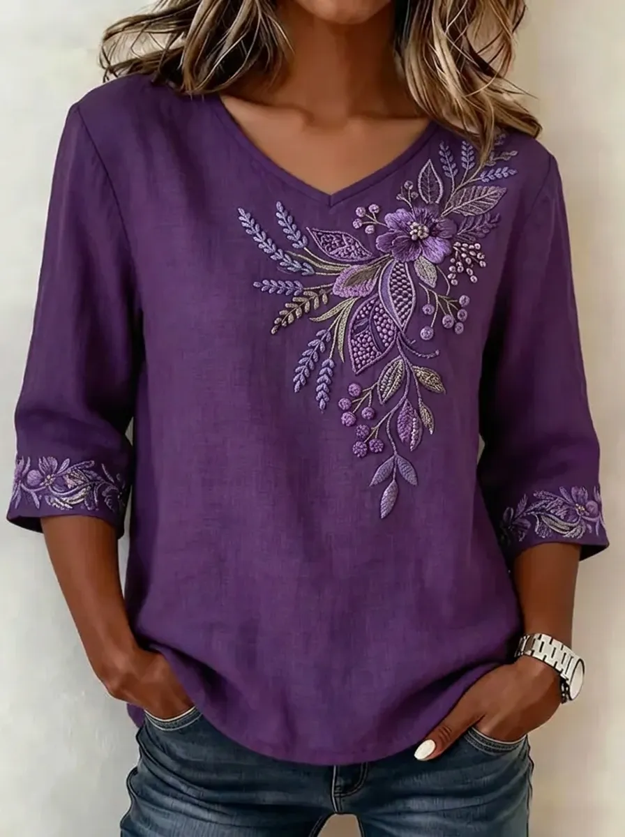 Women's Nashville Floral Embroidery Printed V-Neck Top