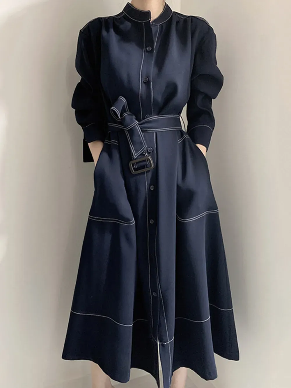 Casual Denim Quilted Stand Collar Lace Up Midi Dress