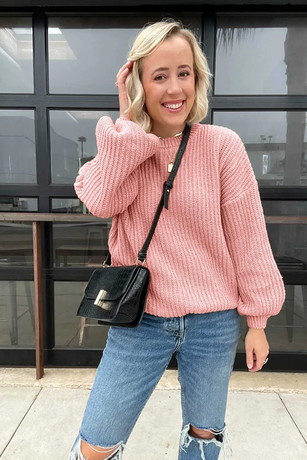 Women's Crew Neck Loose Drop Shoulder Lantern Sleeve Casual Solid Color Knit Pullover Sweater