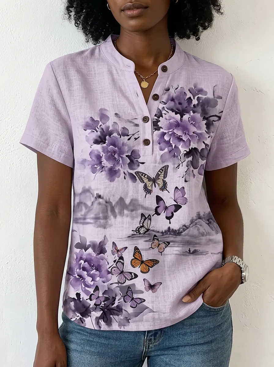 Women's Nashville Floral Butterfly Landscape Printed Henley Shirt