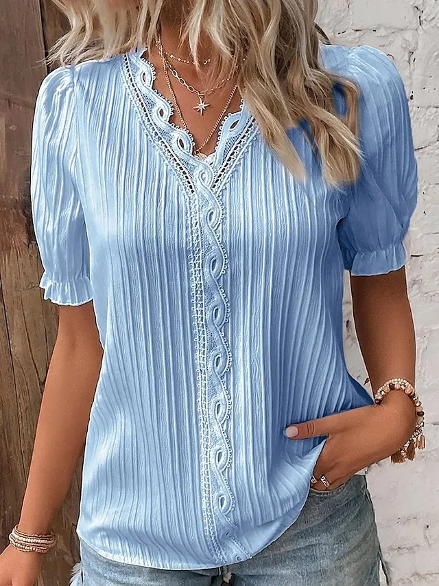 Women's Shirt Lace Shirt Blouse Plain Casual White Sky Blue Lace Short Sleeve Vintage Basic V Neck Regular Fit