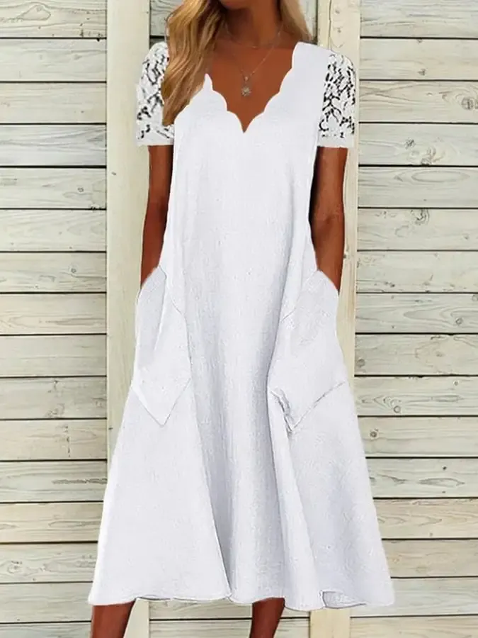 Women's Casual Elegant Lace Stitching Cotton Dress