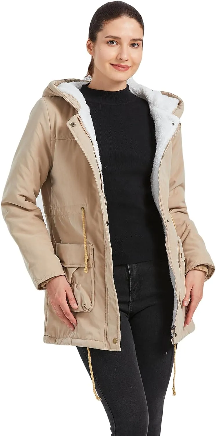 Women's Winter Mid Length Thick Warm Faux Lamb Wool Lined Jacket Coat