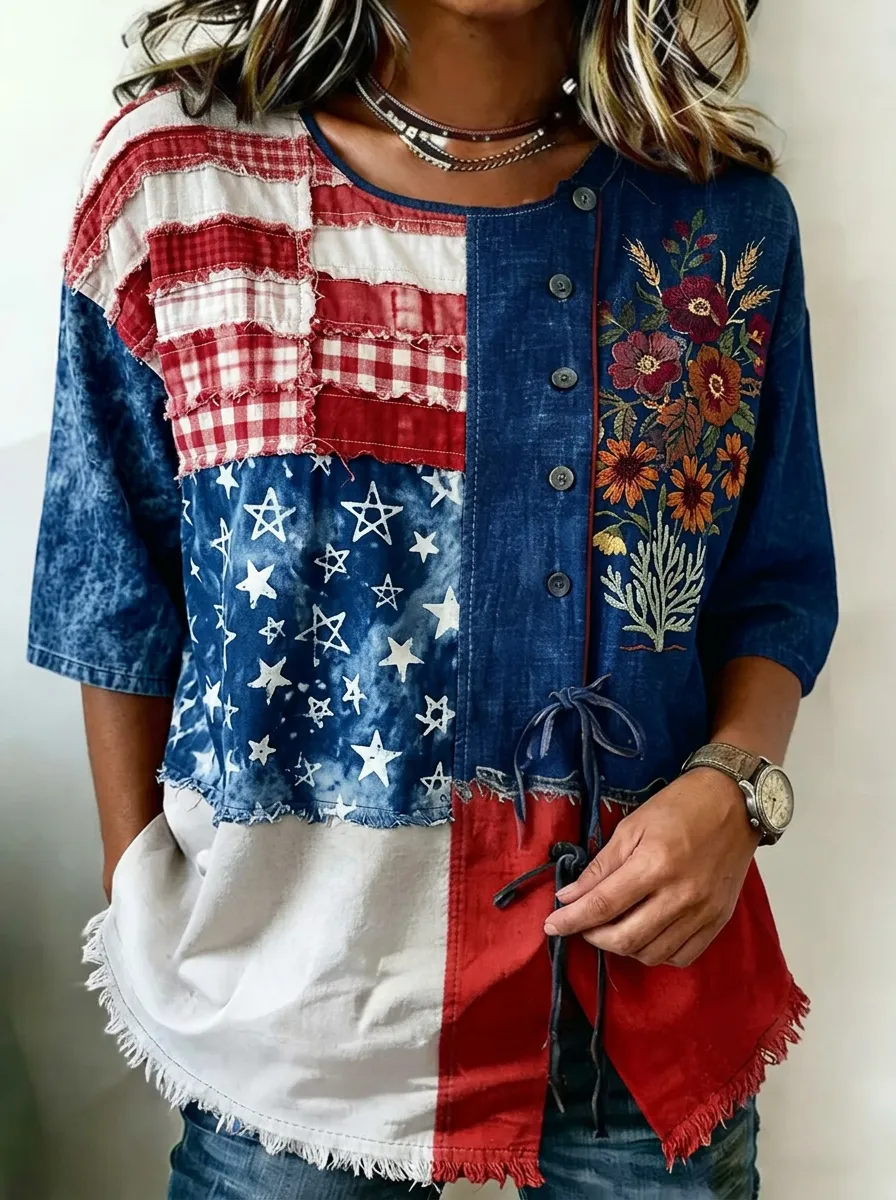 Women's Nashville American Flag Floral Patchwork Printed Top