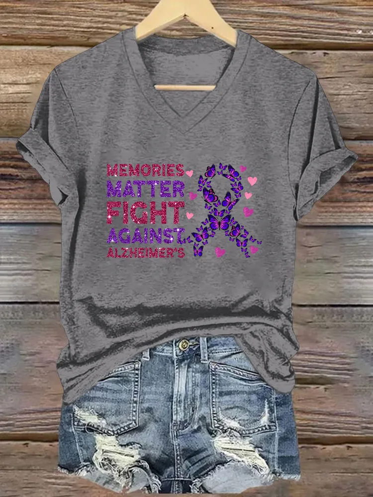 Women's Alzheimer's Print Casual V-Neck T-Shirt