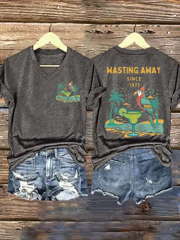 V Neck Retro Parrot Margarita Wasting Away Since 1977 Print T-Shirt
