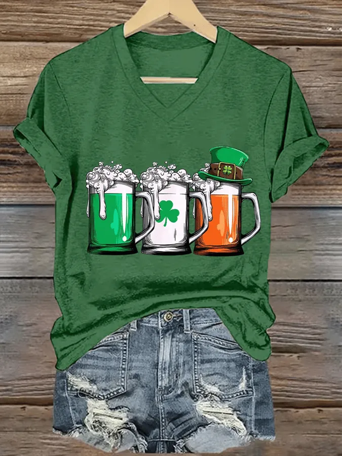 Women's St. Patrick's Day Beer Mug Print V-Neck Short Sleeve T-Shirt
