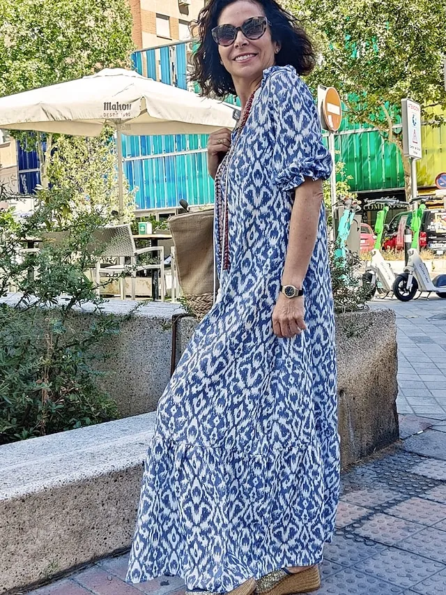 Women‘s A Line Dress Maxi long Dress Purple Half Sleeve Print Ruched Print Spring Summer V Neck Casual Vacation 2023 3XL