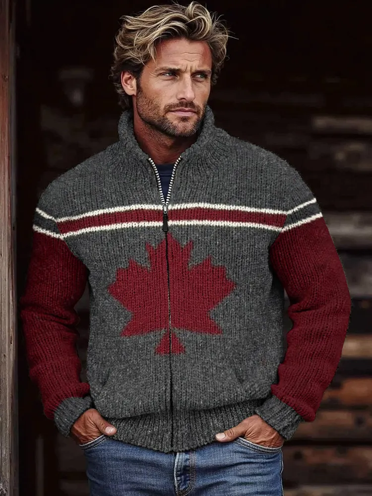 Men's Vintage Canada Maple Leaf Jacquard Turtleneck Zipper Sweater