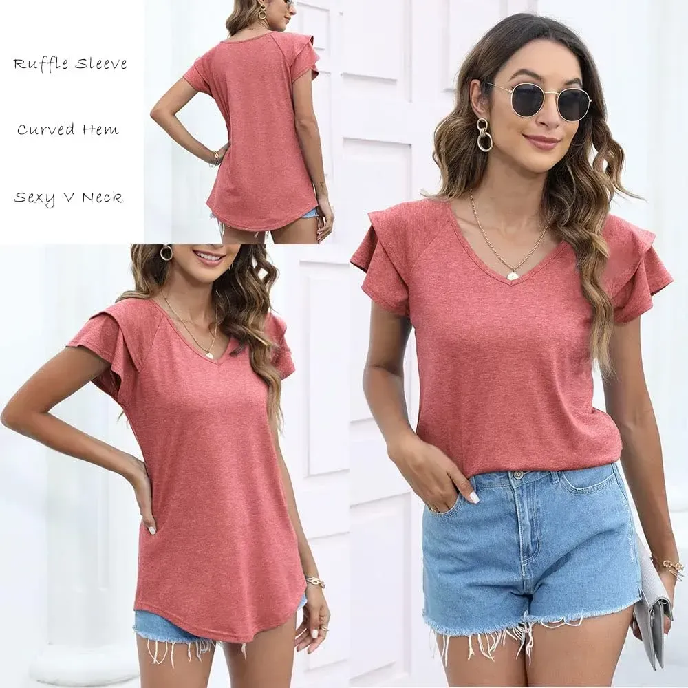 T&Twenties Womens Summer Tops Ruffle Short Sleeve Tunic Tops V Neck Loose Fit Flowy T-Shirts