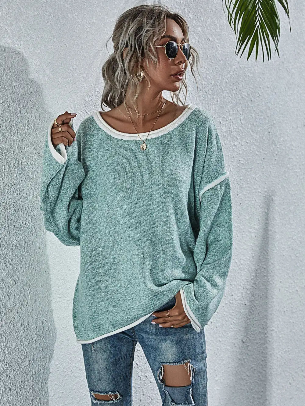 Dropped Shoulder Boat Neck Long Sleeve Sweater