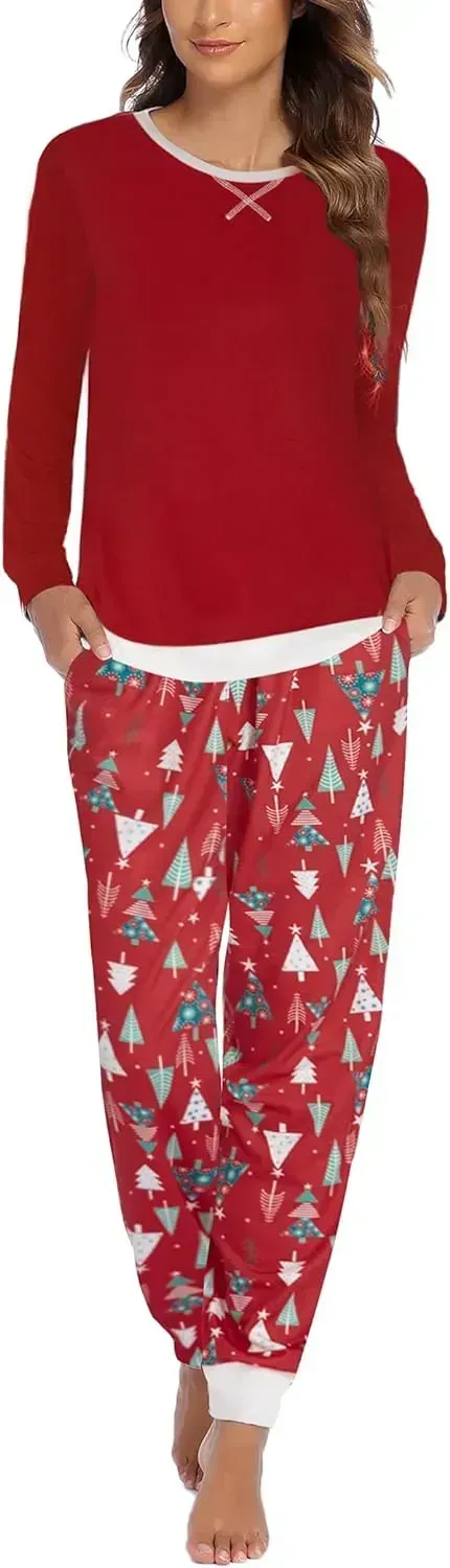 Women's Pajamas Sets Long Sleeve with Plaid Pants Soft Sleepwear O Neck 2 Piece Pjs Joggers Loung Set with Pockets