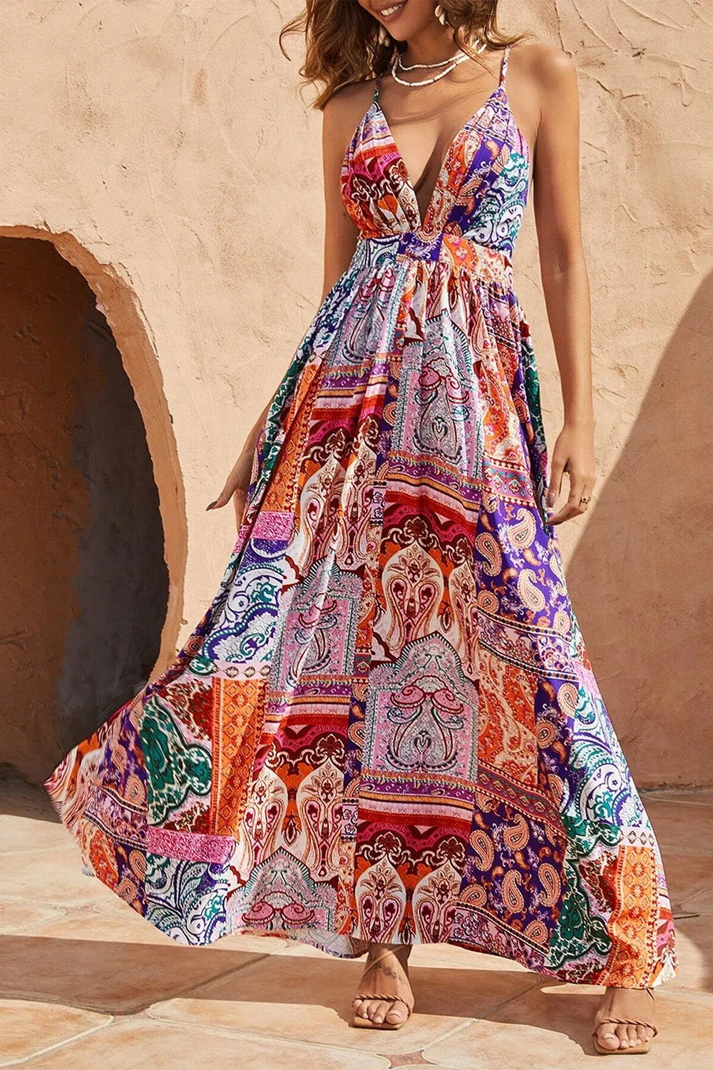 Women's Plant Printed Spaghetti Strap Dress
