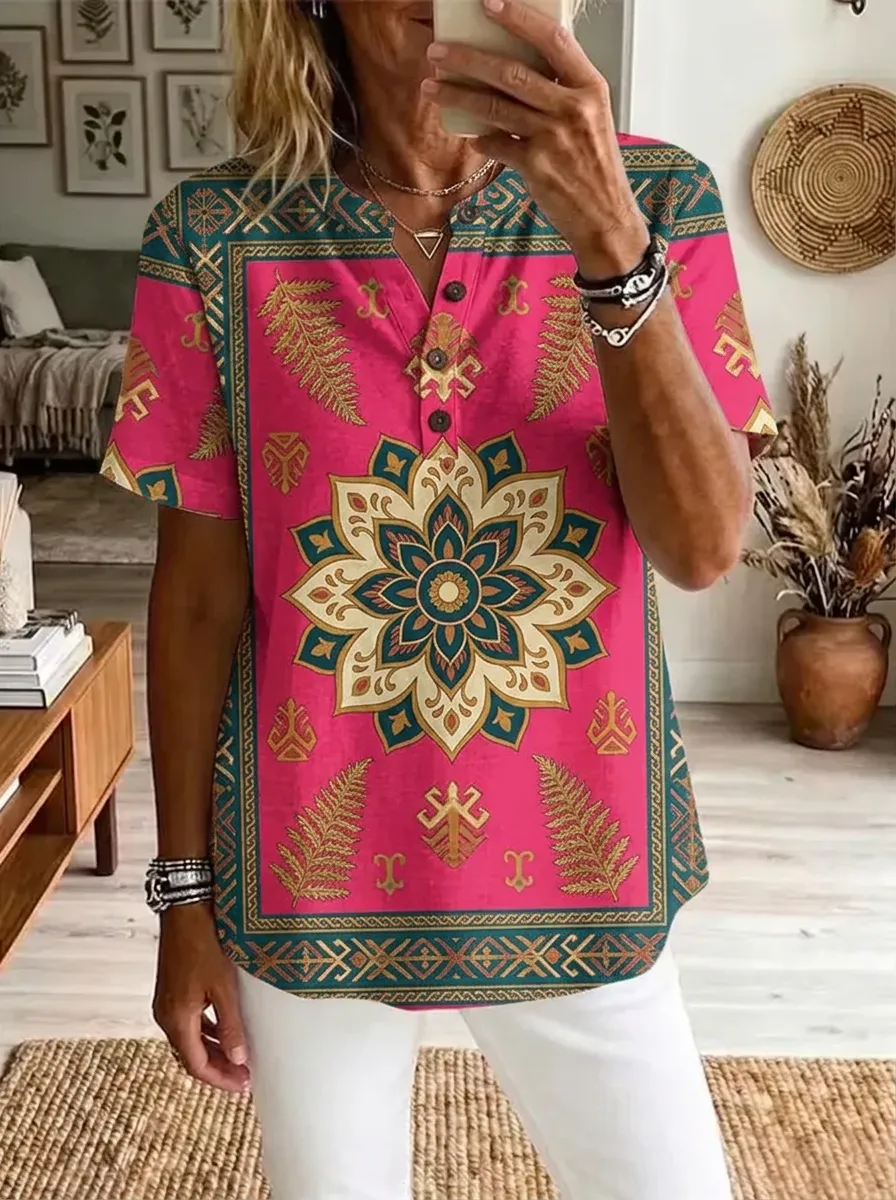 Women's Nashville Bohemian Mandala Fern Printed Henley Shirt
