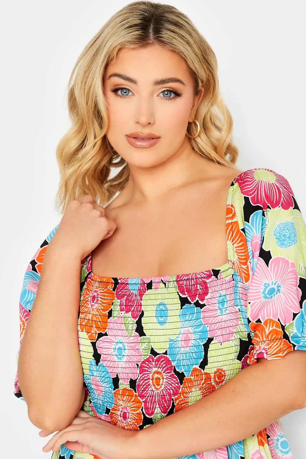 YOURS Curve Pink & Blue Floral Print Shirred Midi Dress