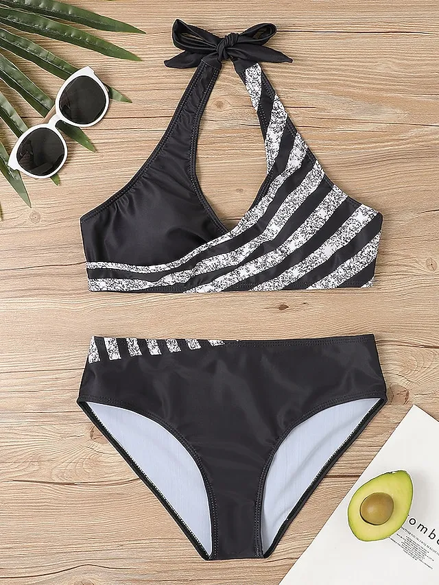Women's Swimwear Bikini Plus Size Swimsuit 2 Piece Stripe Striped Black Burgundy Blue Lavender Purple Bandeau Bathing Suits Sports Push Up Summer