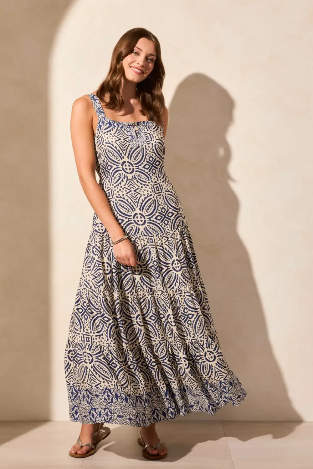 Sleeveless Square Neck Tiered Maxi Dress-Safari