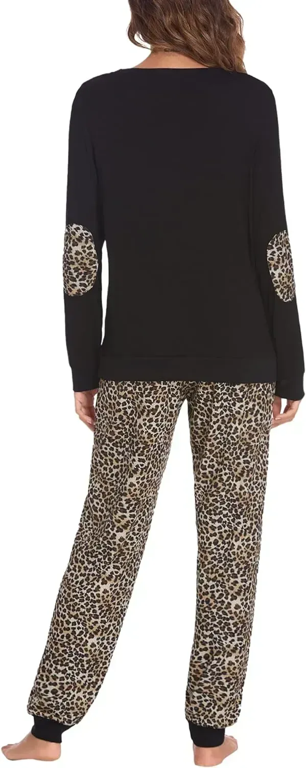 Women's Pajamas Sets Long Sleeve with Plaid Pants Soft Sleepwear O Neck 2 Piece Pjs Joggers Loung Set with Pockets