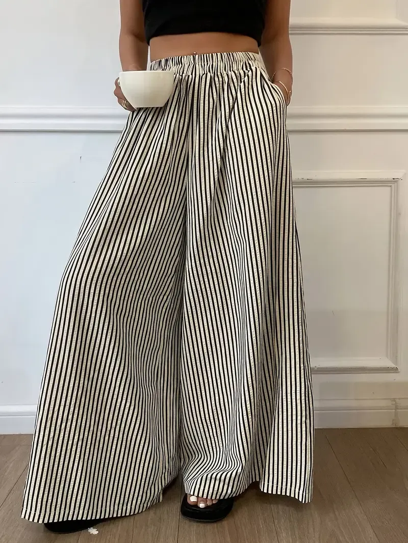 Women's Striped Wide Leg Pants with Elastic Waist - Casual Polyester, Machine Washable, High-Contrast Vertical Stripes, Comfortable All-Season Wear