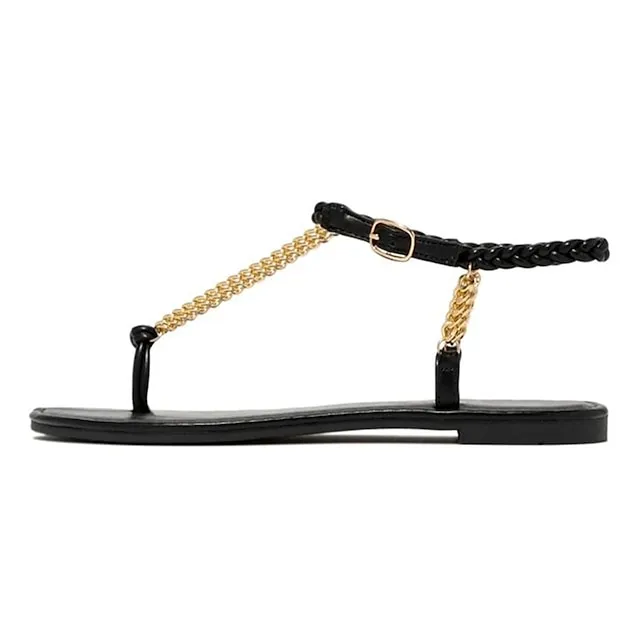 Women's Sandals Boho Bohemia Beach Barefoot Sandals Braided Sandals Beach Summer Flat Heel Open Toe Casual Faux Leather T-Strap Ankle Strap Solid Colored Black White Champagne