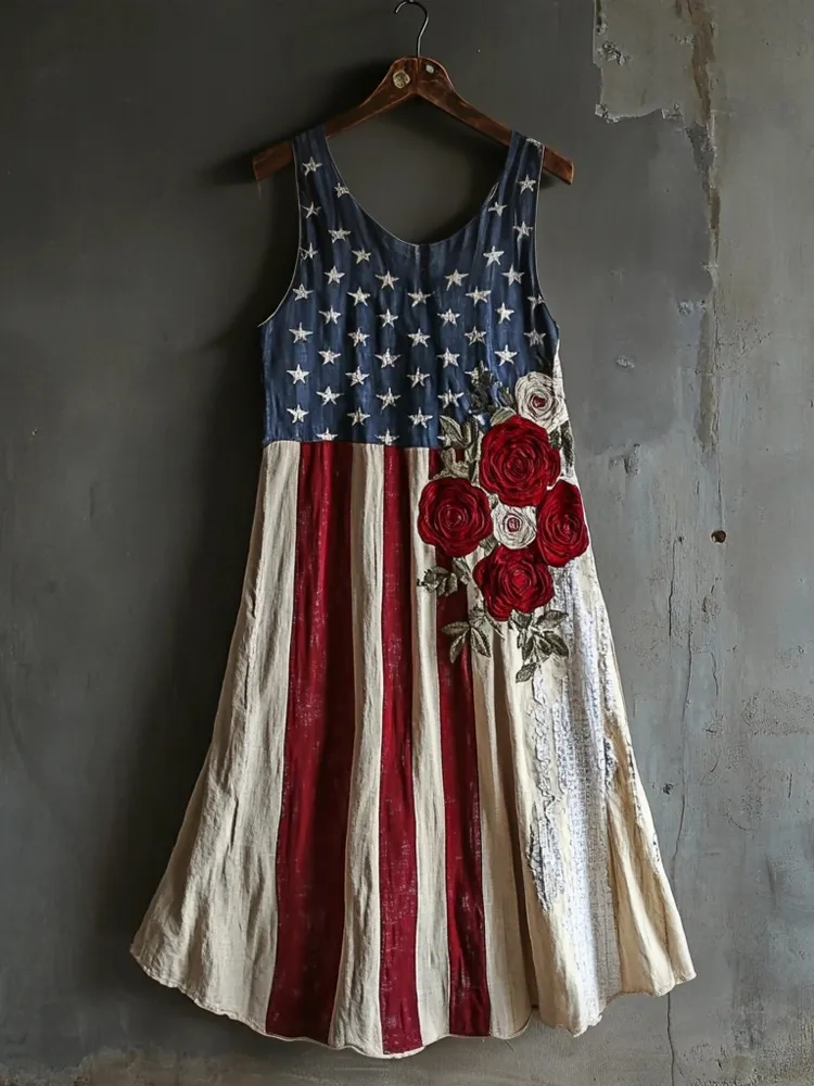 Vintage Flag Inspired Rose Embroidered Linen Tank Dress