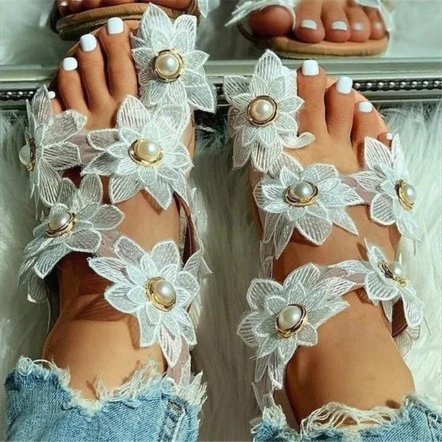 Women's Wedding Shoes Sandals Boho Bohemia Beach Flat Sandals Plus Size Wedding Party Daily Summer Imitation Pearl Flower Flat Heel Open Toe Cute Elegant Casual Walking Shoes Lace Synthetics Loafer