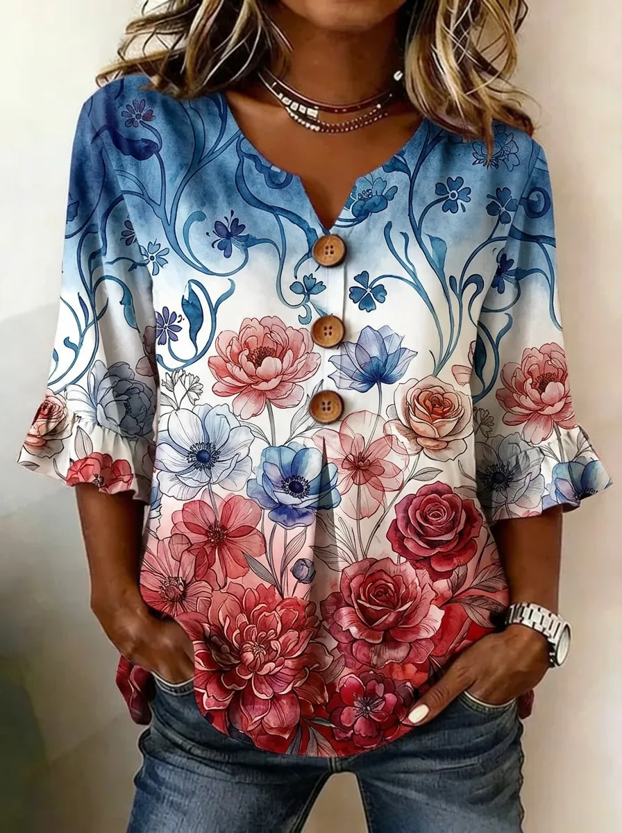 Women's Nashville Floral Pattern Printed V-Neck Button Top