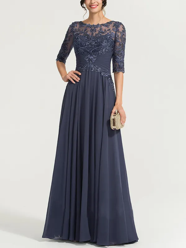 Round neck and floor-length chiffon sequined evening dress