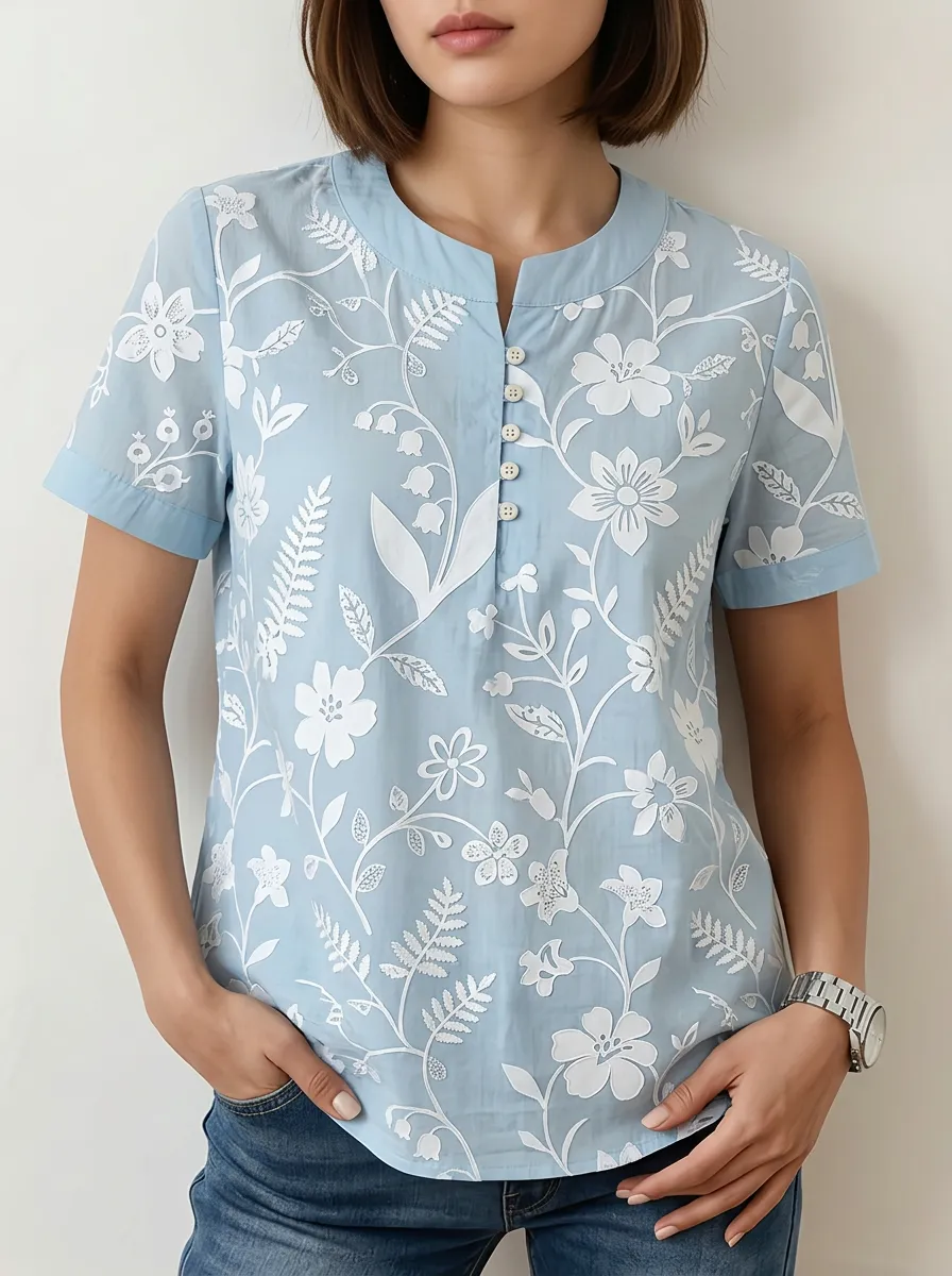Women's Nashville Floral Botanical Printed Button-Up Top