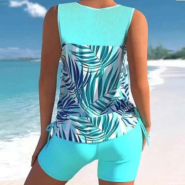 Women's Swimwear Tankini 2 Piece Plus Size Swimsuit Printing Floral Black White Yellow Pink Sky Blue Tank Top Bathing Suits Sports Summer